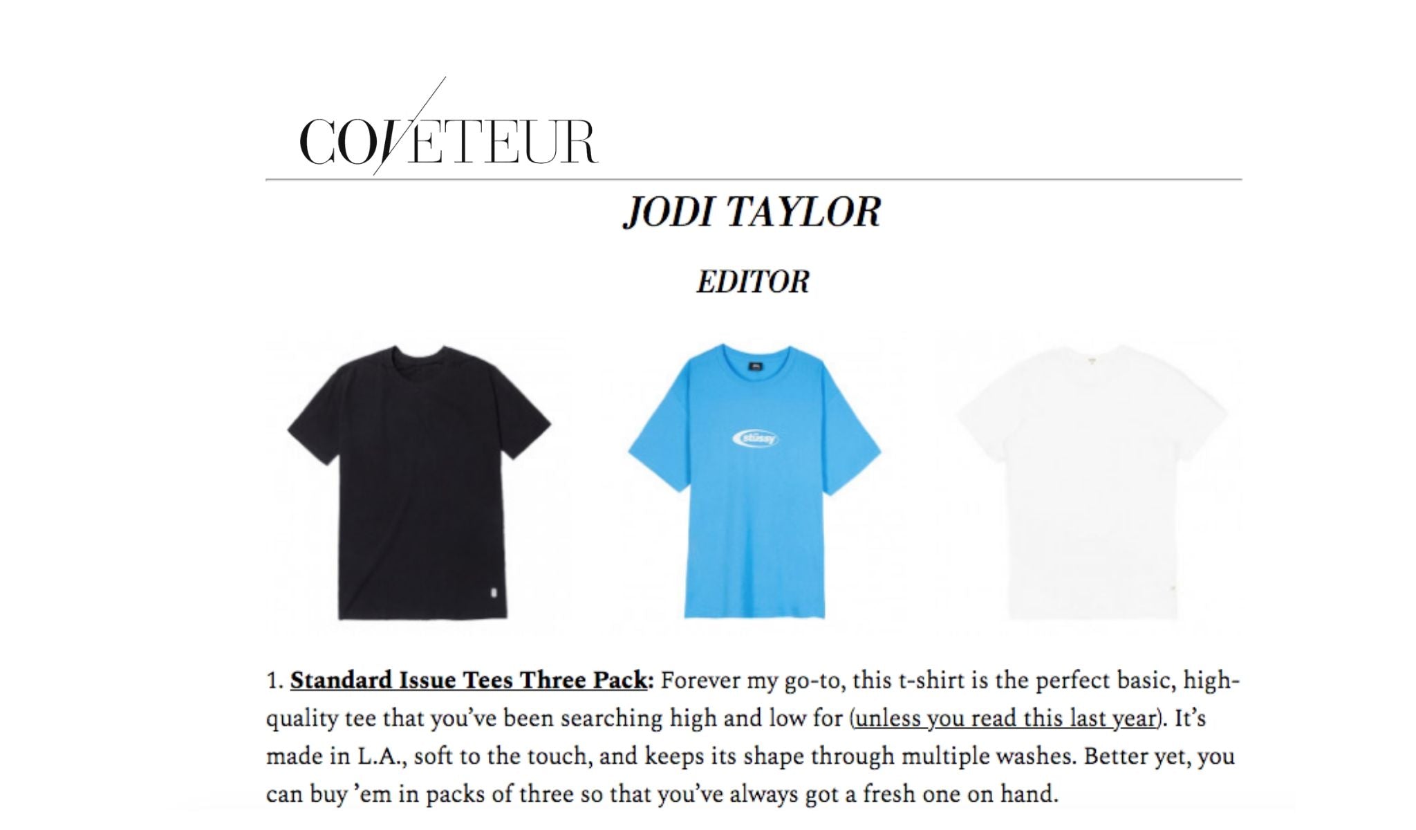 Coveteur Editor Jodi Taylor Picks Standard Issue Tees as One of Her "12 T-SHIRTS WE LOVE FOR SPRING"
