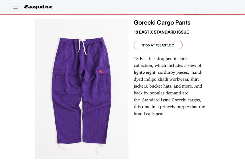 Esquire features the NEW Gorecki Cargo Pants in "Denim from a Sweats King, a Red-Hot Jacket, and More of This Week's Best Menswear Releases"