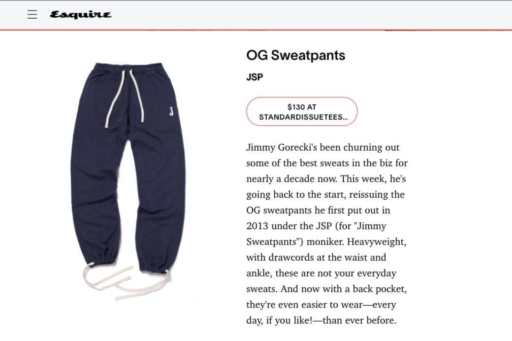 Esquire features the OG Sweatpants in "An Impressively Affordable Jacquard Jacket, a Princely Puffer, and More of This Week's Best Menswear Releases"