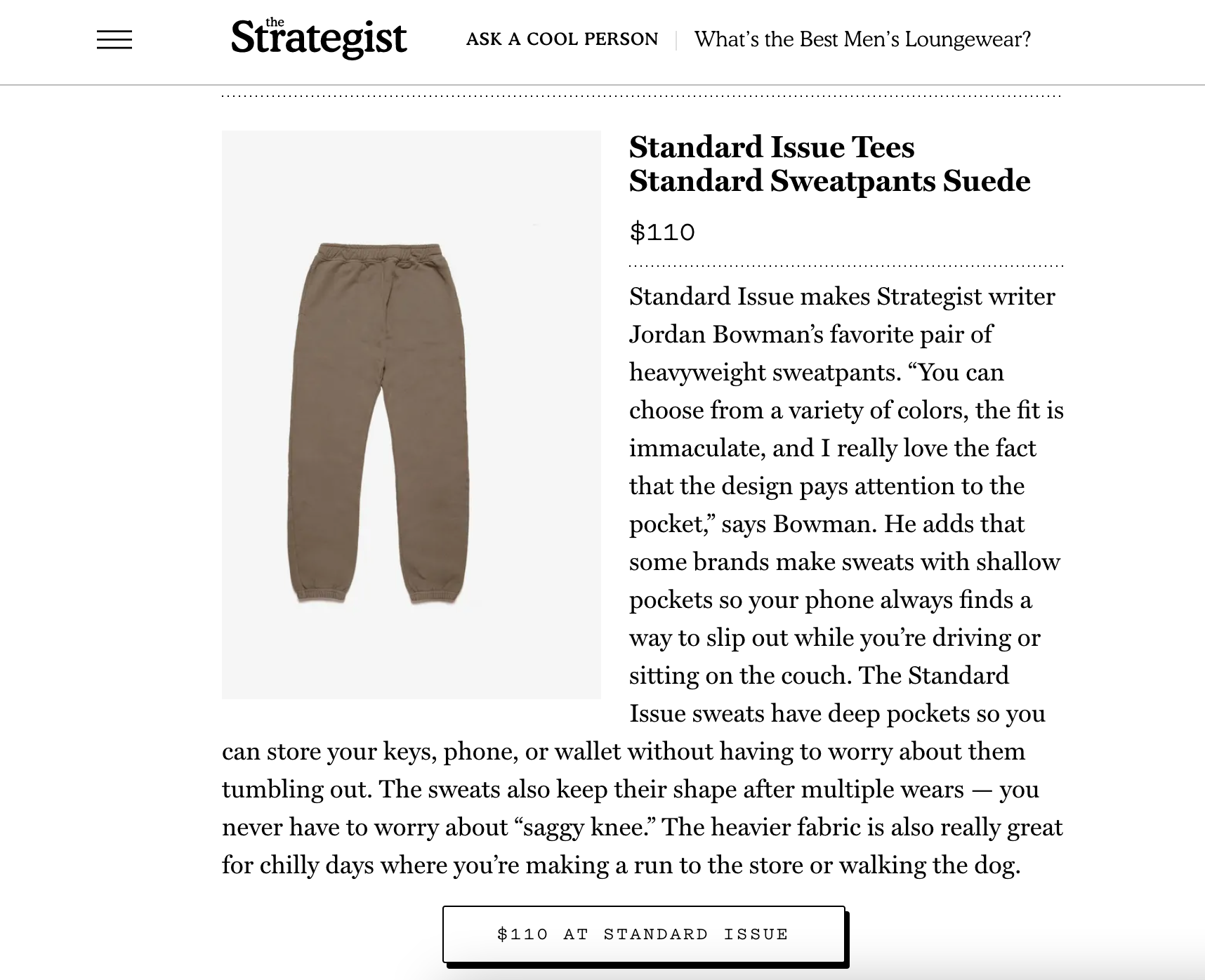 New York Magazine Features Standard Issue Tees Standard Sweatpants in Suede in "What’s the Best Men’s Loungewear?"